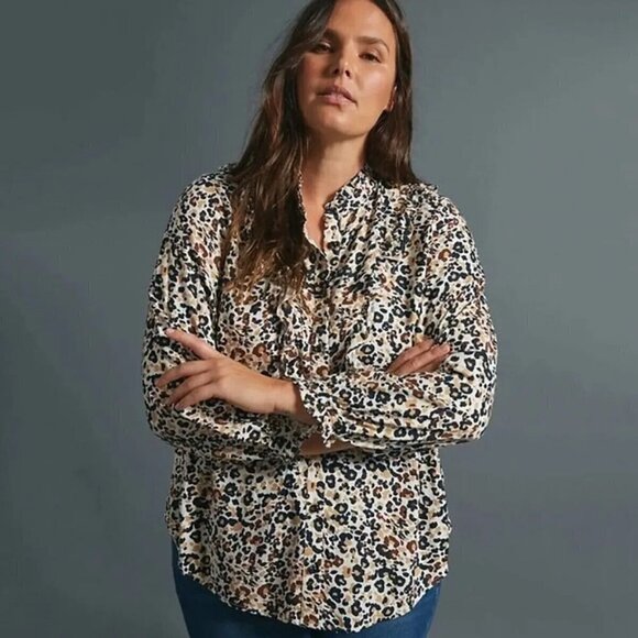 Maeve Katia Animal Print Shirt 4 Button Front Ruffle Anthropologie - Picture 1 of 9